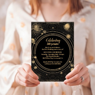 Mystical Black Gold Celestial Wedding Anniversary Invitation