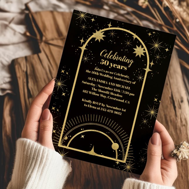 Mystical Black Gold Celestial Wedding Anniversary Invitation (Creator Uploaded)