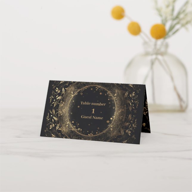 Mystical Black Gold Celestial Wedding  Place Card (Front)