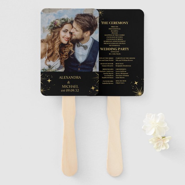 Mystical Black Gold Stars Wedding Details Hand Fan (Front and Back)
