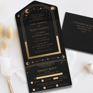 Mystical Black Gold Sun Moon Astronomy Wedding All In One Invitation