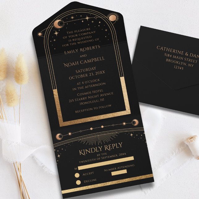 Mystical Black Gold Sun Moon Astronomy Wedding All In One Invitation (Creator Uploaded)
