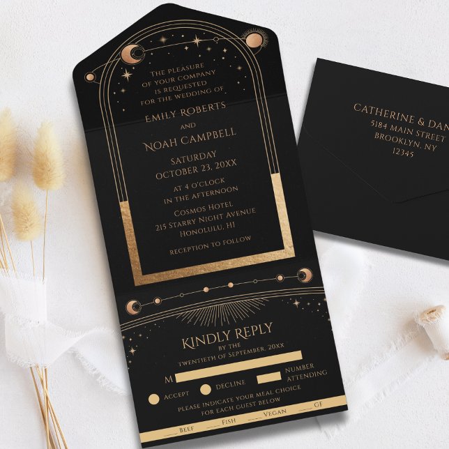 Mystical Black Gold Sun Moon Astronomy Wedding All In One Invitation (Creator Uploaded)