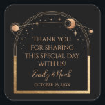 Mystical Black Gold Sun Moon Astronomy Wedding Square Sticker<br><div class="desc">Mystical Black Gold Sun Moon Astronomy Wedding Stickers features gold sun, moon and stars with a golden frame on a black background. Personalised with a "Thank You" message. Perfect for wedding favours, sealing envelopes and party favours. Personalise by editing the text in the text boxesprovided. Designed for you by Evco...</div>