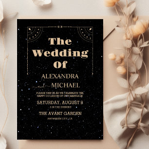 Mystical Black Gold Sun Moon Celestial Wedding Invitation