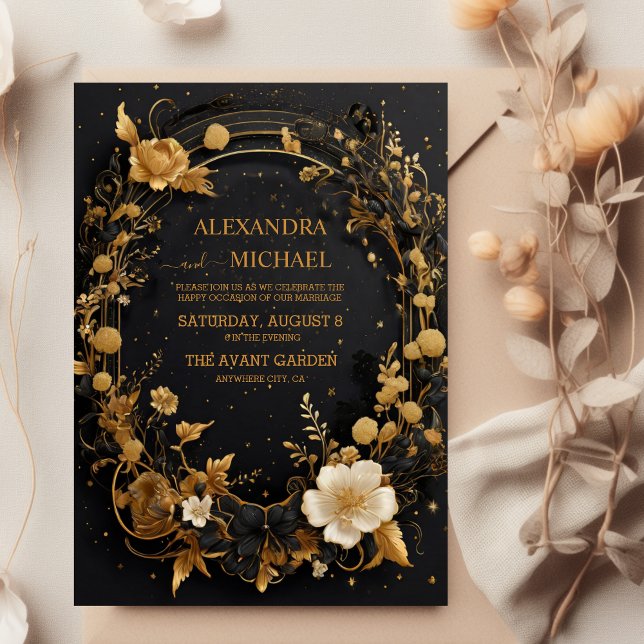 Mystical Black Gold Sun Moon Celestial Wedding Invitation (Creator Uploaded)