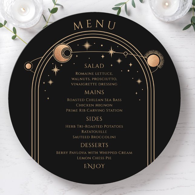 Mystical Black Gold Sun Moon Stars Space Wedding Menu (Creator Uploaded)