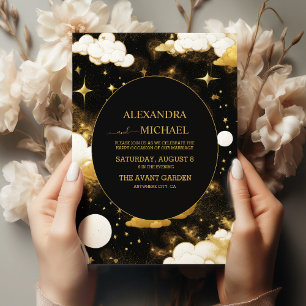 Mystical Black Gold Sun Moon Stars Wedding Invitation