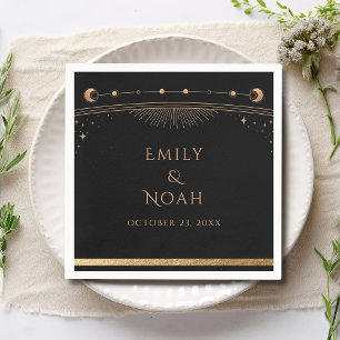 Mystical Black Gold Sun Moon Stars Wedding Napkin