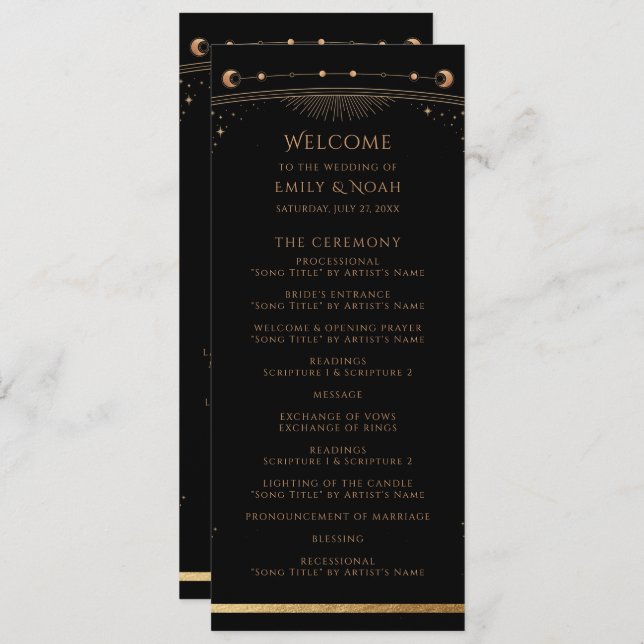 Mystical Black Gold Sun Moon Stars Wedding Program (Front/Back)
