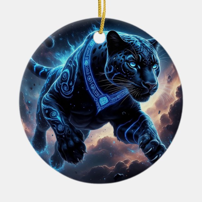 Mystical Black Panther with Glowing Patterns Ceramic Ornament (Front)