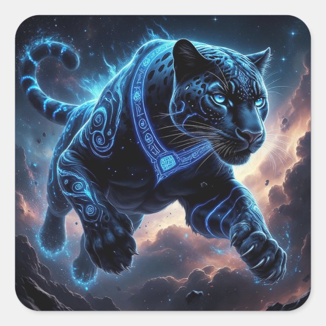 Mystical Black Panther with Glowing Patterns Square Sticker (Front)