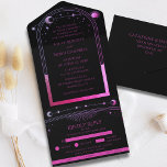Mystical Black Purple Sun Moon Astronomy Wedding All In One Invitation<br><div class="desc">Mystical Black Purple Sun Moon Astronomy Wedding All In One Invitation features shades of purple sun, moon and stars with a stylish frame on a black background. Inside is your custom wedding invitation information. Below is the removable RSVP card with three meal choice options for you guests to remove and...</div>
