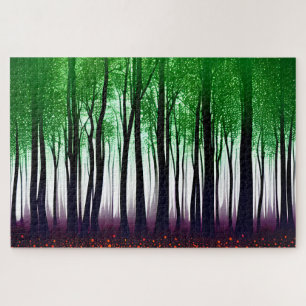 Mystical Black Silhouette Forest with Green Leaves Jigsaw Puzzle