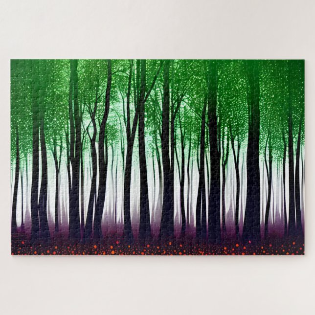 Mystical Black Silhouette Forest with Green Leaves Jigsaw Puzzle (Horizontal)