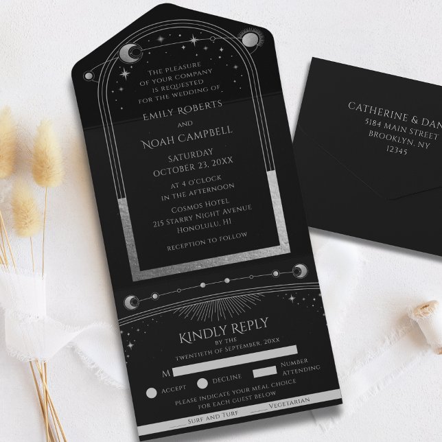 Mystical Black Silver Sun Moon Astronomy Wedding All In One Invitation (Creator Uploaded)