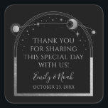 Mystical Black Silver Sun Moon Astronomy Wedding Square Sticker<br><div class="desc">Mystical Black Silver Sun Moon Astronomy Wedding Stickers features silver sun, moon and stars with a silver frame on a black background. Personalised with a "Thank You" message. Perfect for wedding favours, sealing envelopes and party favours. Personalise by editing the text in the text boxes provided. Designed for you by...</div>