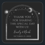 Mystical Black Silver Sun Moon Astronomy Wedding Square Sticker<br><div class="desc">Mystical Black Silver Sun Moon Astronomy Wedding Stickers features silver sun, moon and stars with a silver frame on a black background. Personalised with a "Thank You" message. Perfect for wedding favours, sealing envelopes and party favours. Personalise by editing the text in the text boxes provided. Designed for you by...</div>