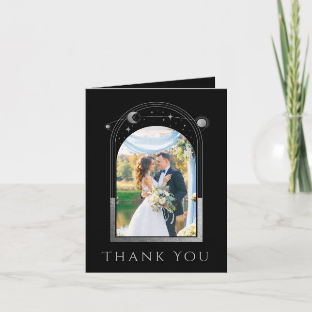 Mystical Black Silver Sun Moon Star Photo Wedding Thank You Card (Front)