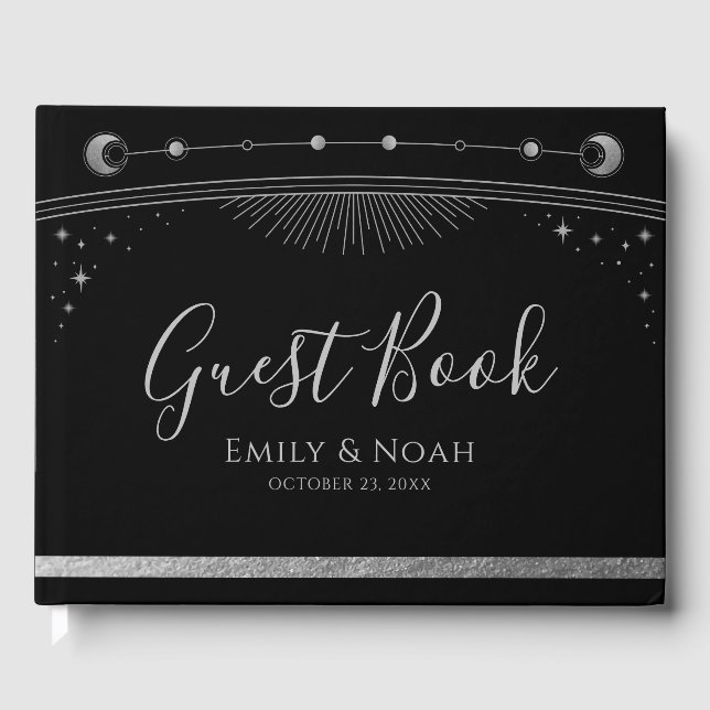Mystical Black Silver Sun Moon Stars Wedding  Guest Book (Front)