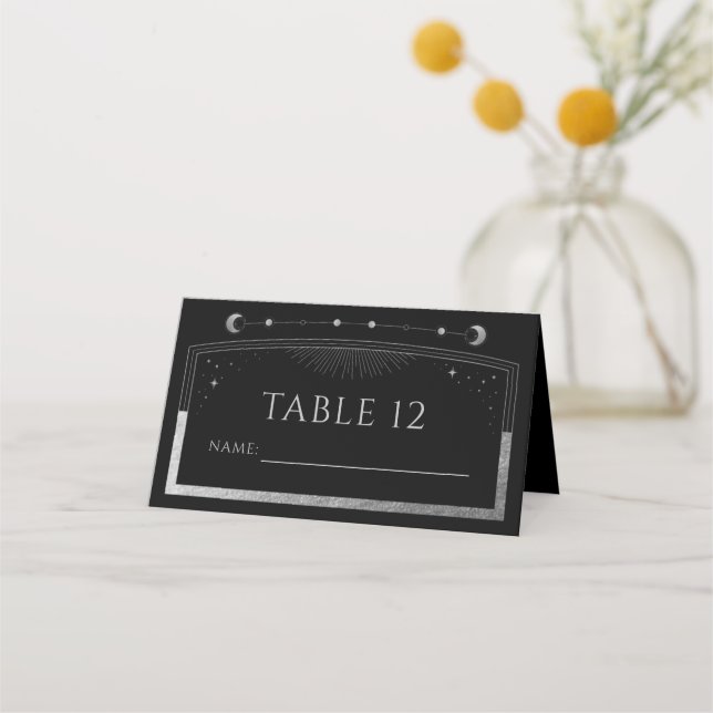 Mystical Black Silver Sun Moon Stars Wedding Place Card (Front)