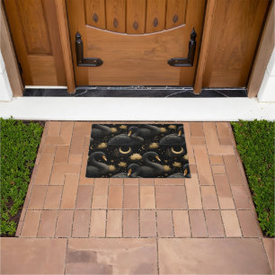 Mystical Black Swan and Golden Lotus Pattern Doormat