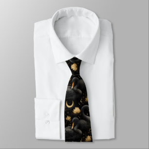 Mystical Black Swan and Golden Lotus Pattern Tie