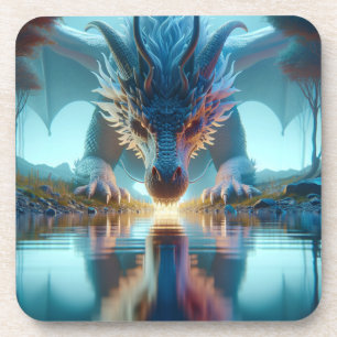 Mystical Blue Dragon Looking at Reflection in Wate Coaster