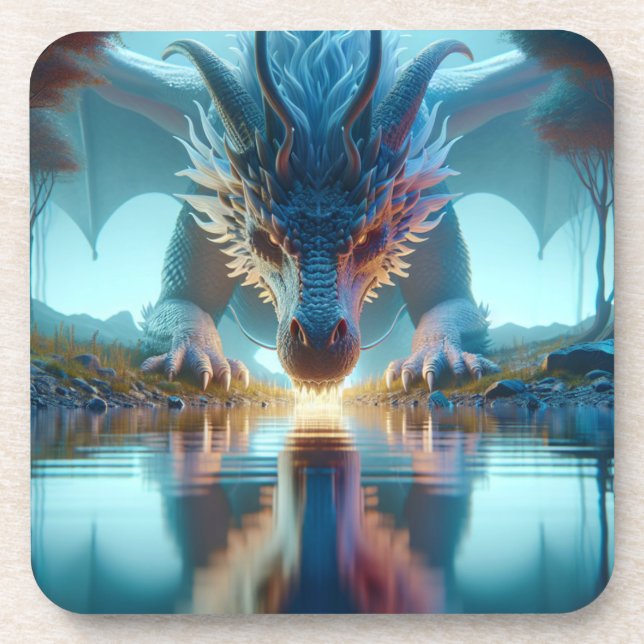 Mystical Blue Dragon Looking at Reflection in Wate Coaster (Front)