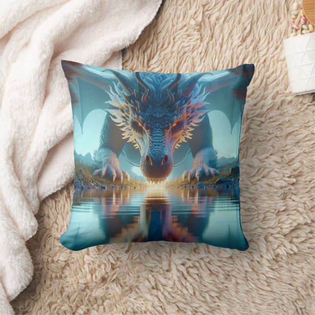 Mystical Blue Dragon Looking at Reflection in Wate Cushion (Blanket)