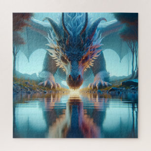 Mystical Blue Dragon Looking at Reflection in Wate Jigsaw Puzzle