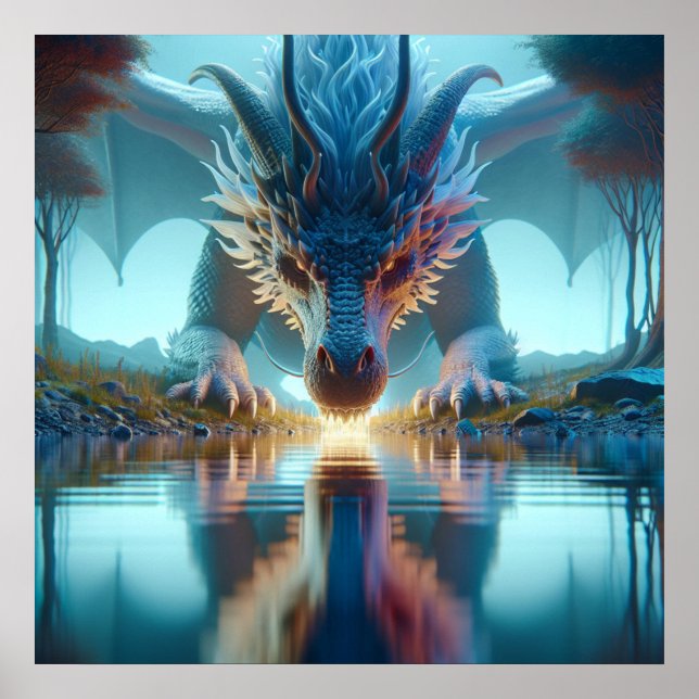 Mystical Blue Dragon Looking at Reflection in Wate Poster (Front)
