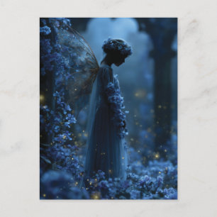 Mystical Blue Fairy in a Moonlit Enchanted Garden Postcard