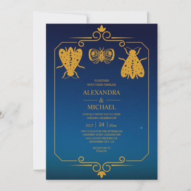 Mystical Blue Gold Celestial Stars Wedding   Invitation (Front)