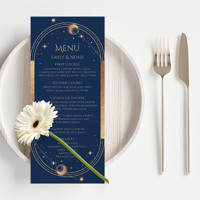 Mystical Blue Gold Sun Moon Stars Space Wedding Menu (Creator Uploaded)