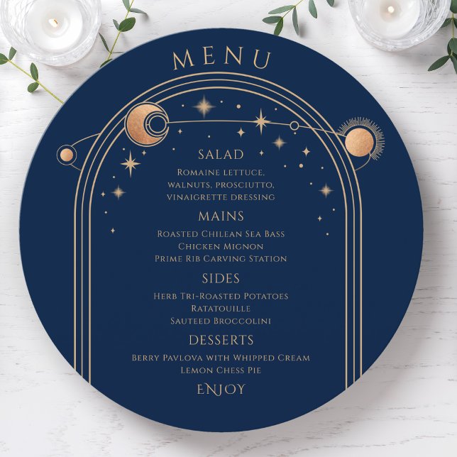 Mystical Blue Gold Sun Moon Stars Space Wedding Menu (Creator Uploaded)