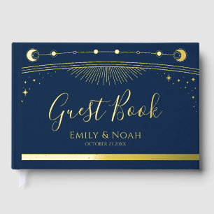 Mystical Blue Gold Sun Moon Stars Wedding Guest Book