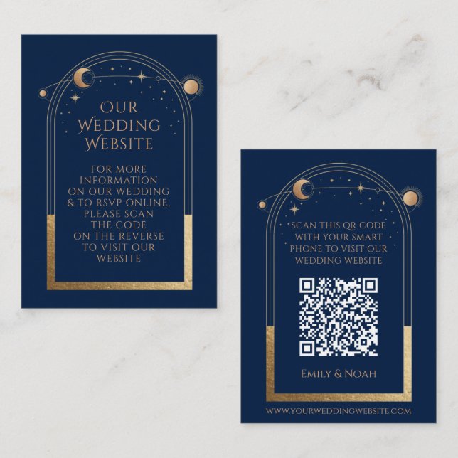 Mystical Blue Gold Wedding Website RSVP QR Code Enclosure Card (Front/Back)