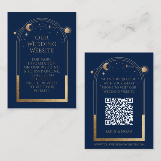 Mystical Blue Gold Wedding Website RSVP QR Code Enclosure Card (Front/Back)