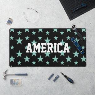 Mystical Blue-Green Stars and Black Background Desk Mat