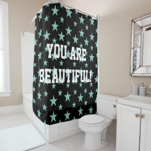 Mystical Blue-Green Stars and Black Background Shower Curtain