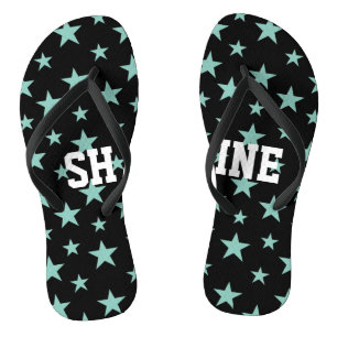 Mystical Blue-Green Stars and Black Background Thongs