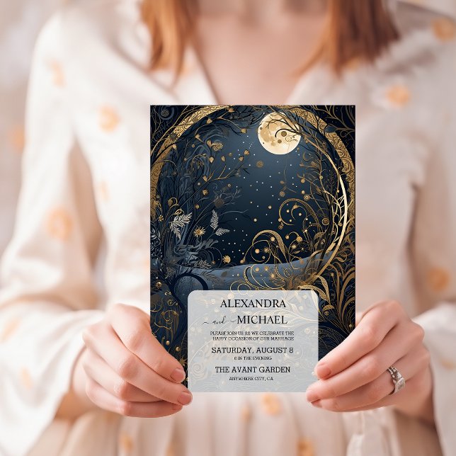Mystical Blue Midnight Gold Celestial Wedding Invitation (Creator Uploaded)