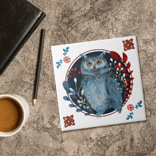 Mystical Blue Owl Red Leaves Folk Art Ceramic Tile