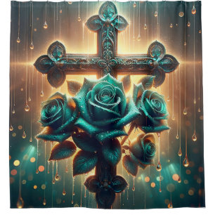 “Mystical Blue Roses and Cross" Shower Curtain