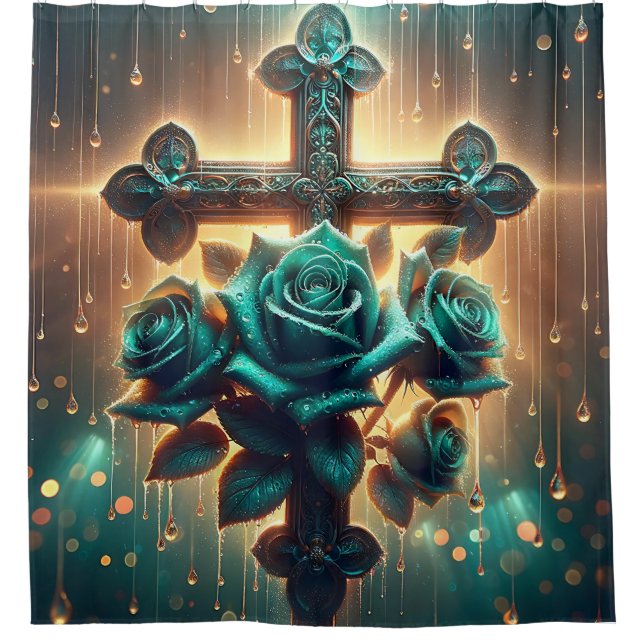 “Mystical Blue Roses and Cross" Shower Curtain (Front)