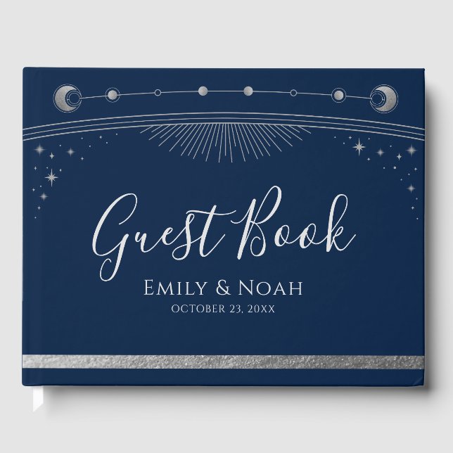 Mystical Blue Silver Celestial Wedding Guest Book (Front)