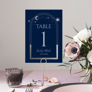 Mystical Blue Silver Sun Moon Astronomy Wedding Table Number