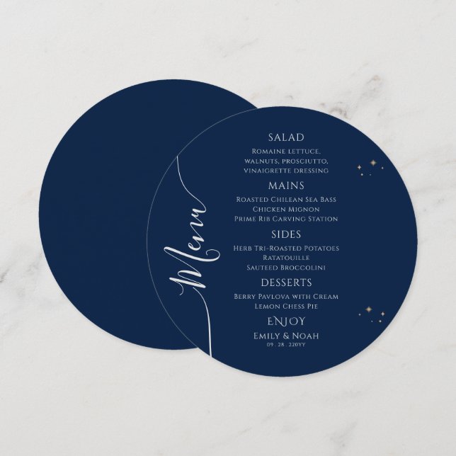 Mystical Blue Silver Sun Moon Stars Space Wedding Menu (Front/Back)