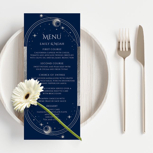 Mystical Blue Silver Sun Moon Stars Space Wedding Menu (Creator Uploaded)